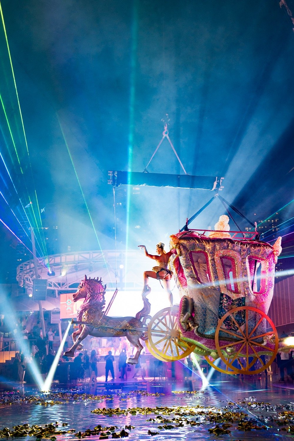 A performer and aerial carriage at O Beach Dubai on New Year's Eve.